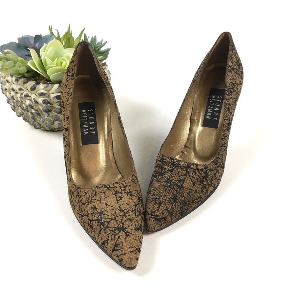 Faux Suede Pumps Stuart Weitzman Textured Textile Tan Black Abstract Size 8AA